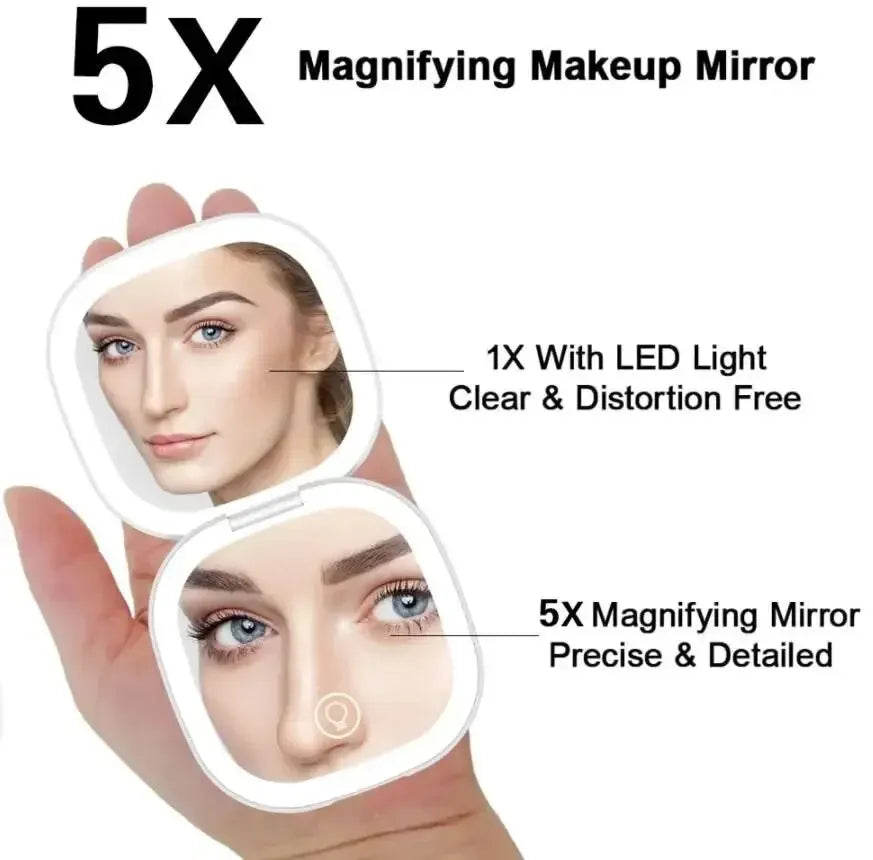 2 Face Sides Touch Compact Led 3 Colors Mini Foldable Cosmetic Charge Makeup Mirror With Light 5X Magnifying Small Pocket Travel