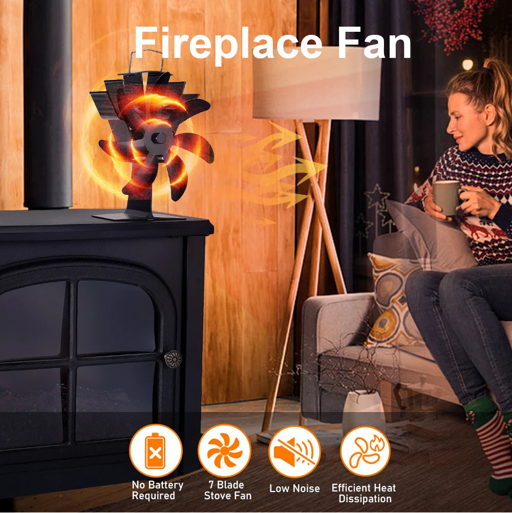 7 Blade Thermal Fireplace Fan Standing Classic Cordless Low Noise Home Ice Fishing Log Burner Aluminum Alloy Fan No Electricity