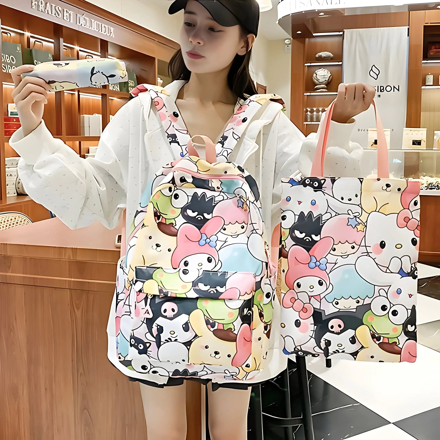 3pcs Cinnamoroll Hello Kitty Sanrio Backpack Set, Kuromi Tote Shoulder Handbag, Casual Outdoor Daypack with Pencil Bag