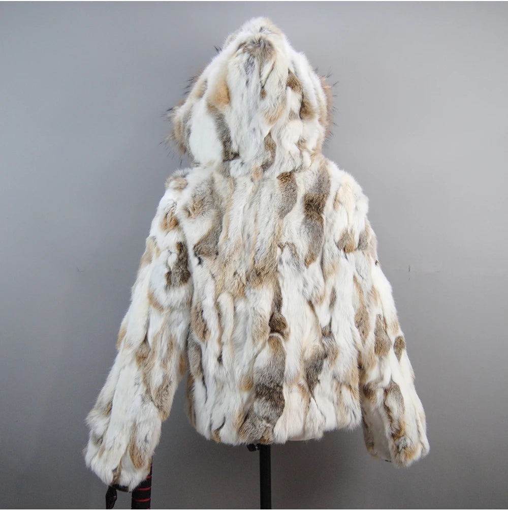 2025 Russian Women Real Rabbit Fur Coats Winter Warm 100% Natural Rabbit Fur Jacket Lady Warm With Raccoon Fur Hooded Outerwear