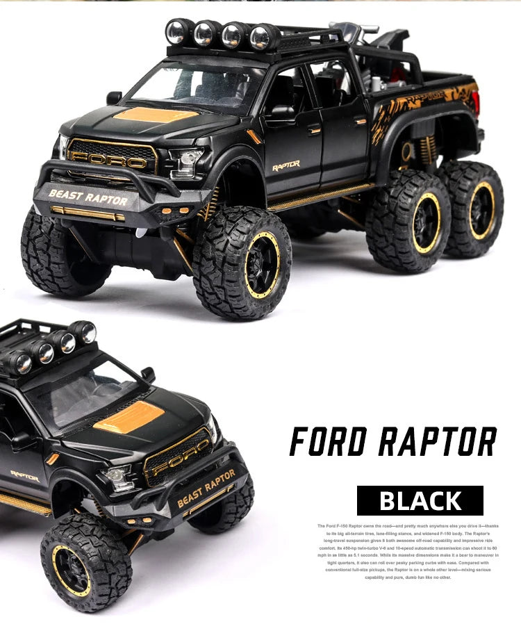 1:24 Pickup Trucks for Boys F150 Raptor Diecast Metal Model Car with Sound and Light for Kids Age 3 Year and up Blue