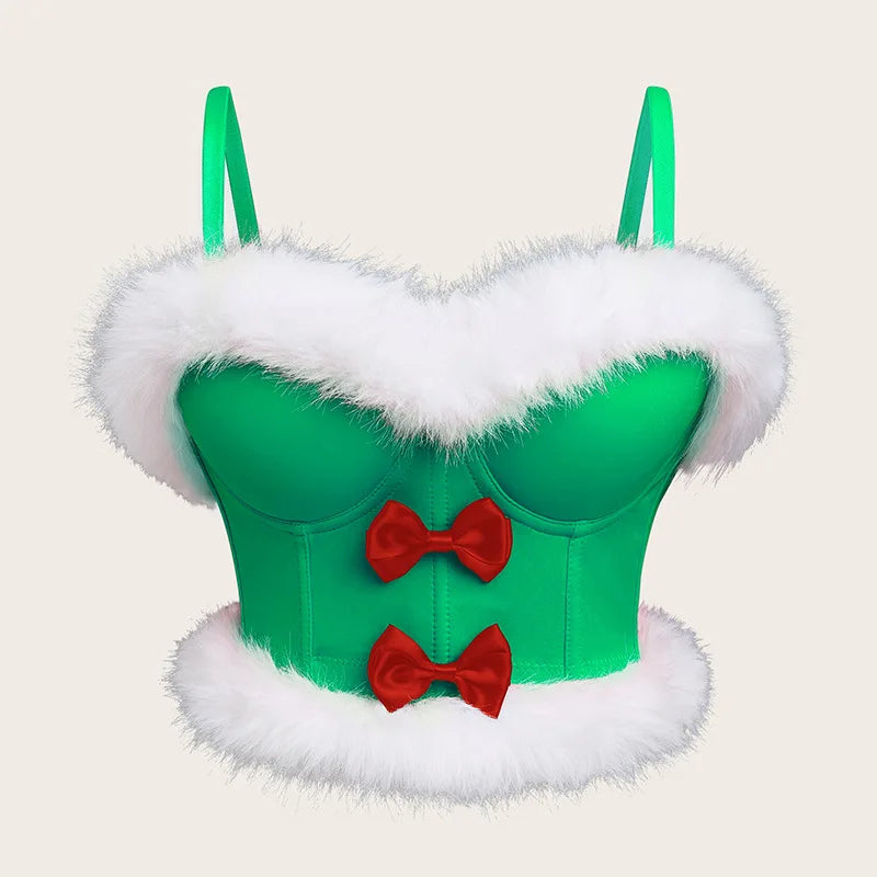 Christmas Sexy Strapless Bow Villus Bra Tops Push Up Bralet Women's Tube Top Corset Bustier Bra Club Party Crop Top Lingerie