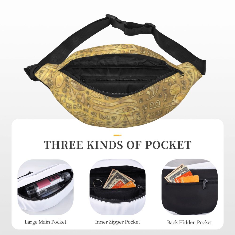 Ancient Gold Pharaoh Egypt King Tut Fanny Bag Custom Egyptian Hieroglyphic Sling Crossbody Waist Pack Hiking Phone Money Pouch