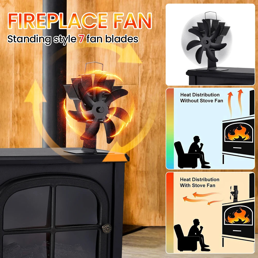 7 Blade Thermal Fireplace Fan Standing Classic Cordless Low Noise Home Ice Fishing Log Burner Aluminum Alloy Fan No Electricity