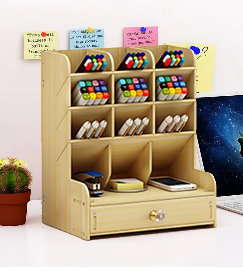 1pc Wooden Desk Organizer Multi-Functional DIY Pen Holder Storage Box Desktop Stationary Storage Rack for Home Office and School