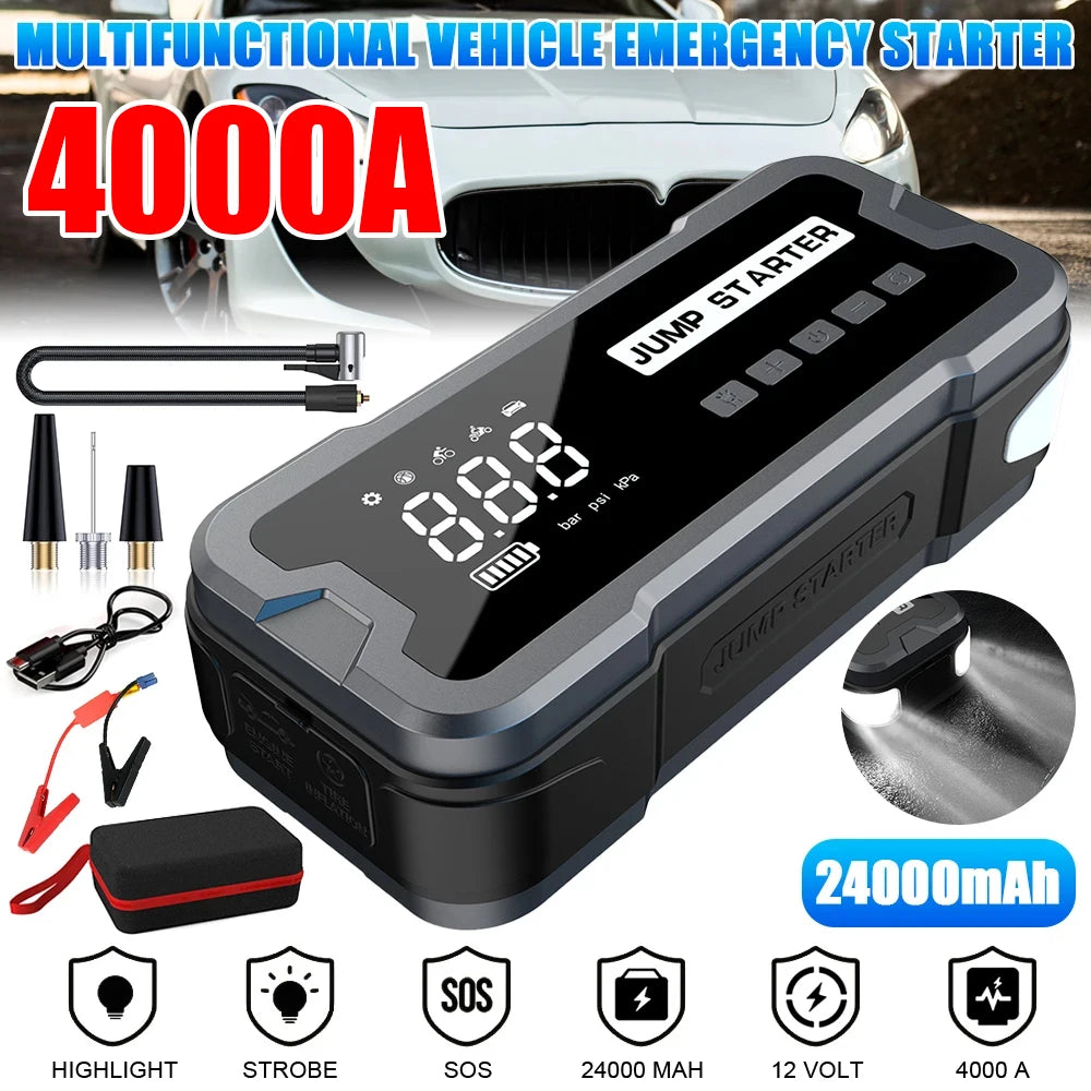 4000A Car Jump Starter Air Pump 25 Cylinder Inflatable Pump with Air Compressor Jumper Box 24000mAh Power Bank Battery Charger