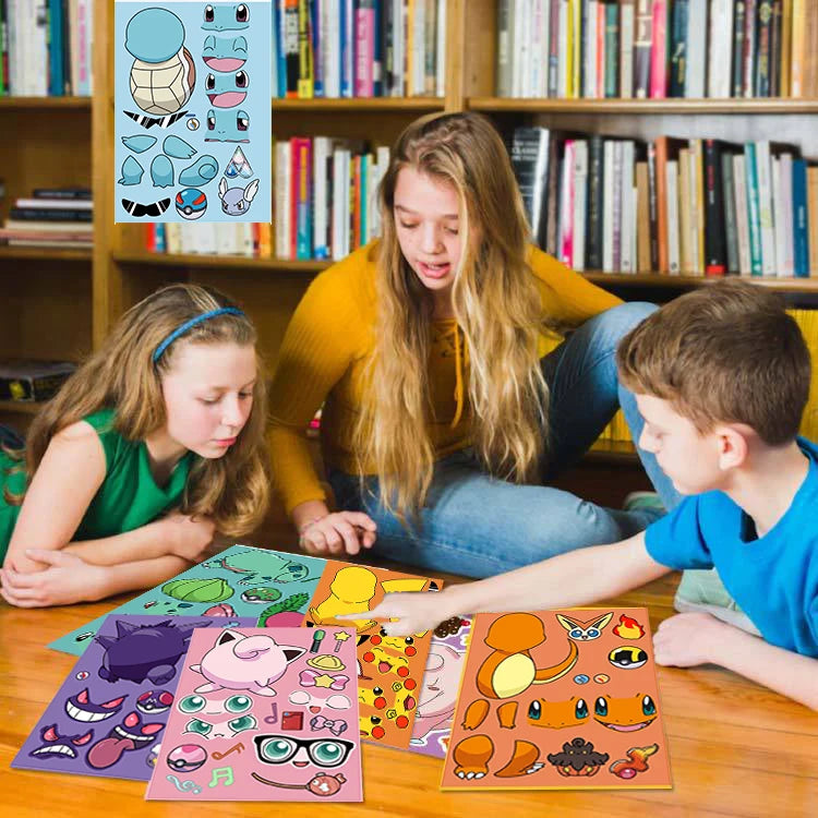 32Sheets Children DIY Puzzle Sticker Pokemon Face Funny Anime Pikachu Assemble Stickers Kids Toys Boys Girls Gifts