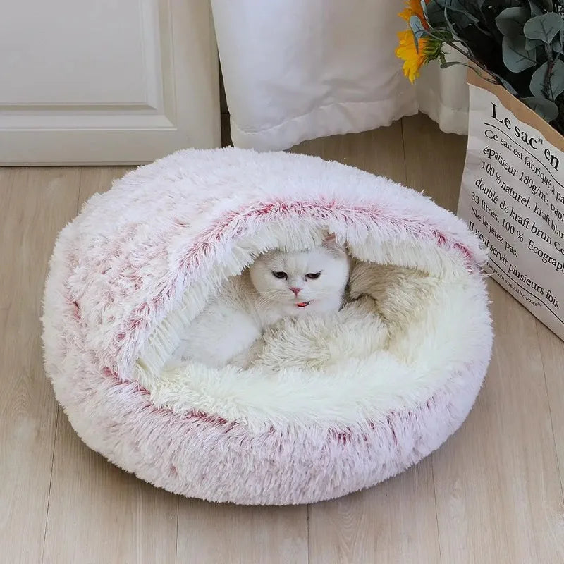 1PC Cat Beds Round Soft Plush Burrowing Cave Hooded Cat Bed Donut for Dogs Cats Comfortable Self Warming Dog Bed Pet Accessories