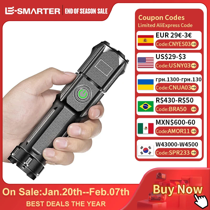 4 Lighting Mode Strong LED Flashlights Telescopic Zoom Tactical Torch USB Portable Spotlight Long-Range Camping Flashlight