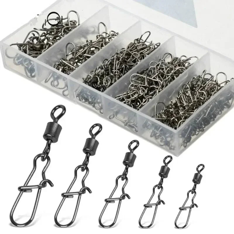 50pc/box Fishing Connector Pin 4# 6# 8#10#12# Bearing Rolling Swivel with Snap Fishhook Lure Accessories