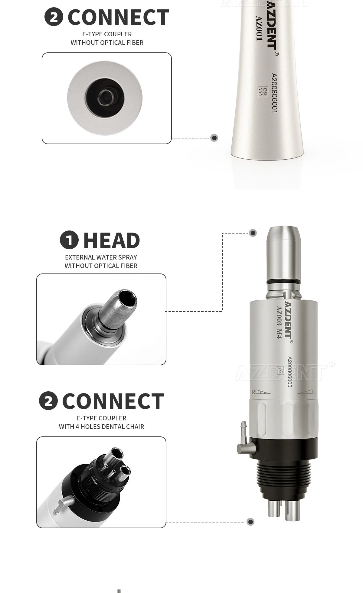 1PC AZDENT Dental Low Speed Handpiece 1:1 Contra Angle for ø2.35mm CA Burs Push Button Straight NoseCone Air Motor 2/4 Holes