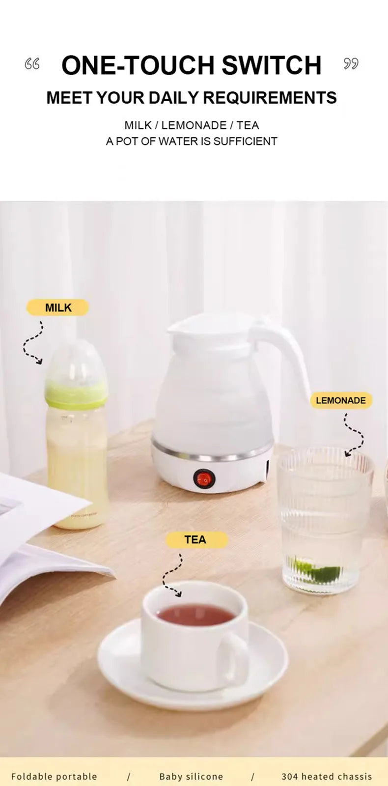 220V 0.6L Mini Folding Kettle Portable Water Heater 600W Silicone Compression Electric Kettle Home Kettle Easy To Travel