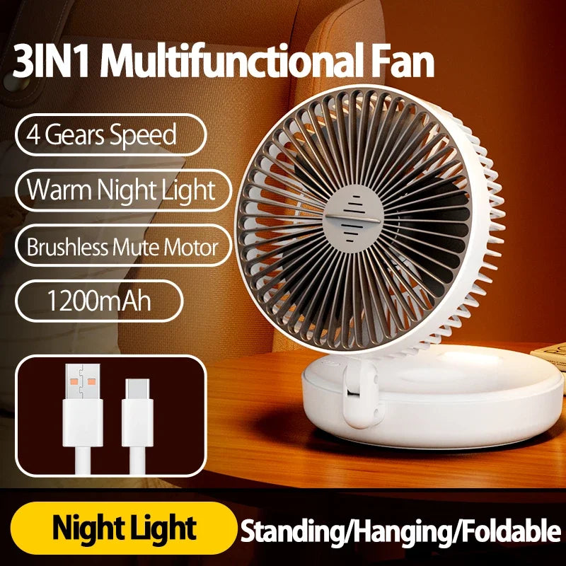 2024 New 5000mAh Rechargeable Table Fan Portable Air Conditioner Wall Mounted Fan 90° Folding Fan 4 Gears with Warm Night Light