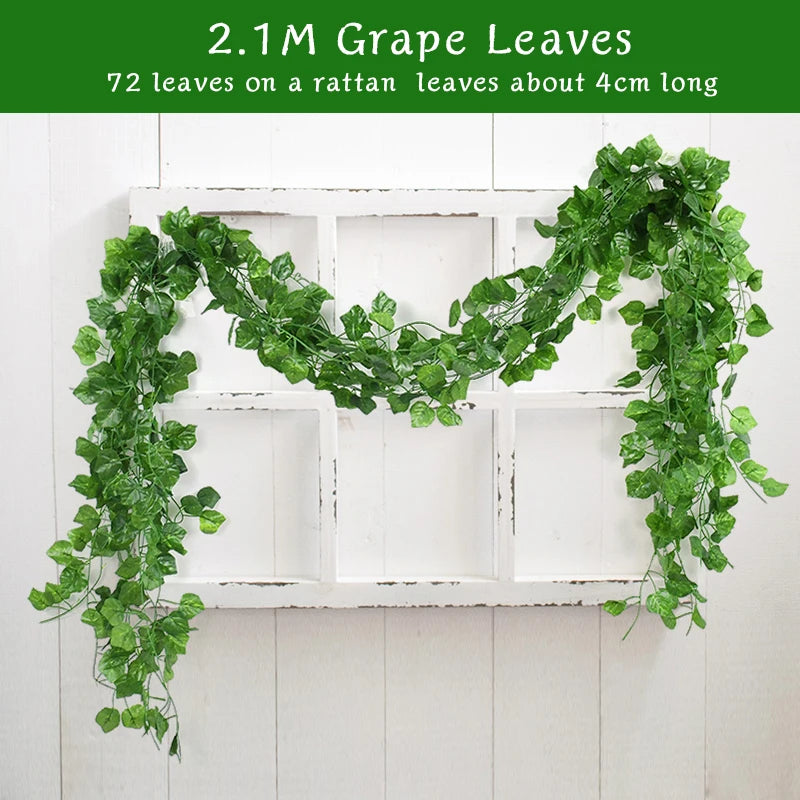 2.1M Artificial Plant Green Ivy Leaf Garland Silk Wall Hanging Vine Home Garden Decoration Wedding Party DIY Fake Wreath Leaves