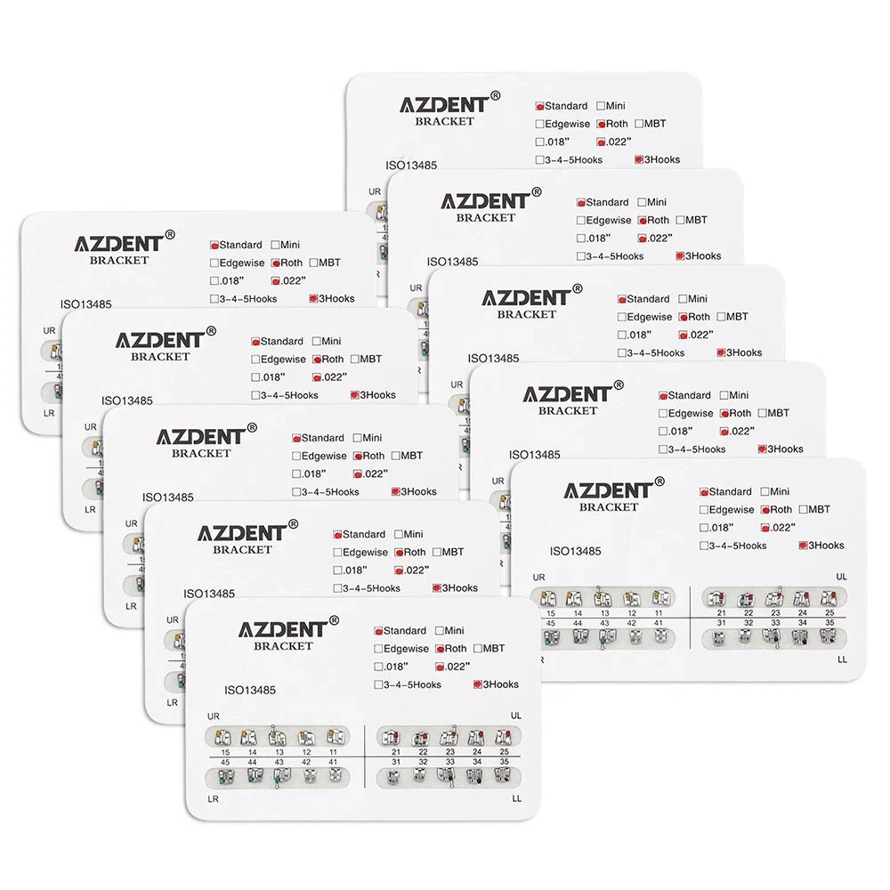 AZDENT 10Packs Dental Brackets Orthodontic Brace Metal Mini Standard Roth MBT Slot 0.022 0.018 Hooks 3-4-5 20pcs per Pack