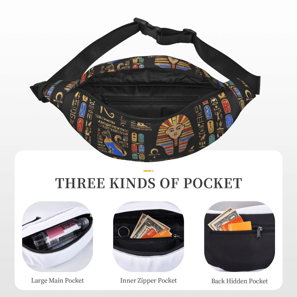 Ancient Gold Pharaoh Egypt King Tut Fanny Bag Custom Egyptian Hieroglyphic Sling Crossbody Waist Pack Hiking Phone Money Pouch