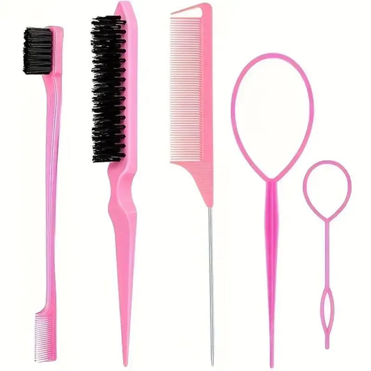 5pcs Hairdressing Tools Pointed Tail Comb Dual Head Eyebrow Brush Triple Row Comb Coiler Hair Salon Styling Comb