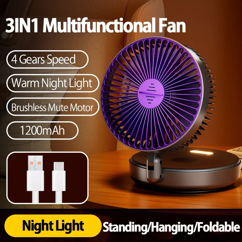 2024 New 5000mAh Rechargeable Table Fan Portable Air Conditioner Wall Mounted Fan 90° Folding Fan 4 Gears with Warm Night Light