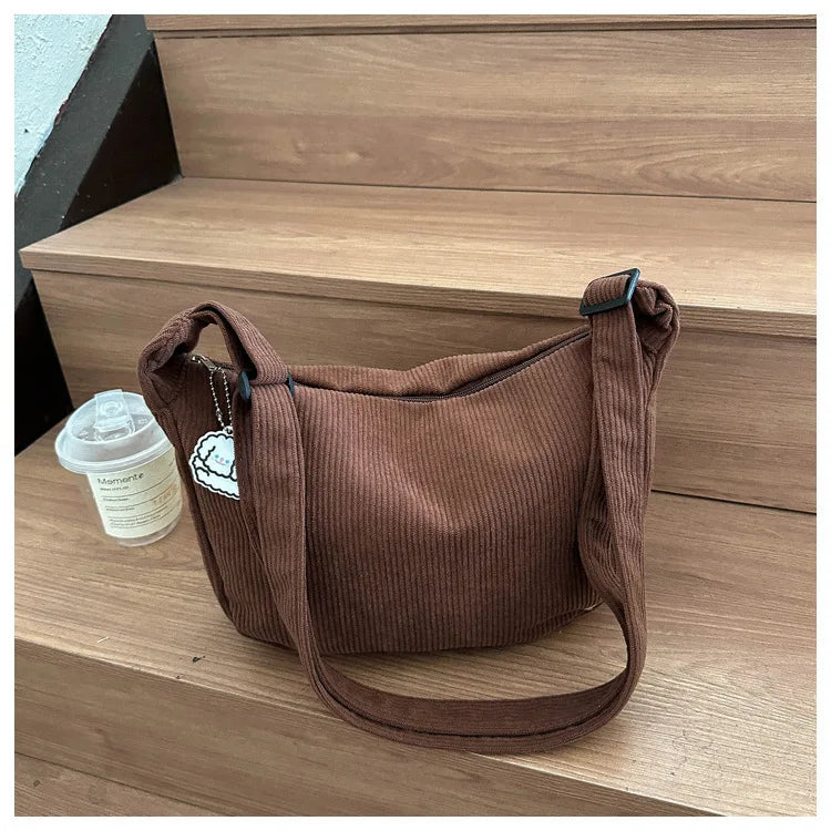 Black Corduroy Bags for Women Japanese Canvas Large Single Shoulder Crossbody Dumpling Bag Student Korean Casual Simple Handbag