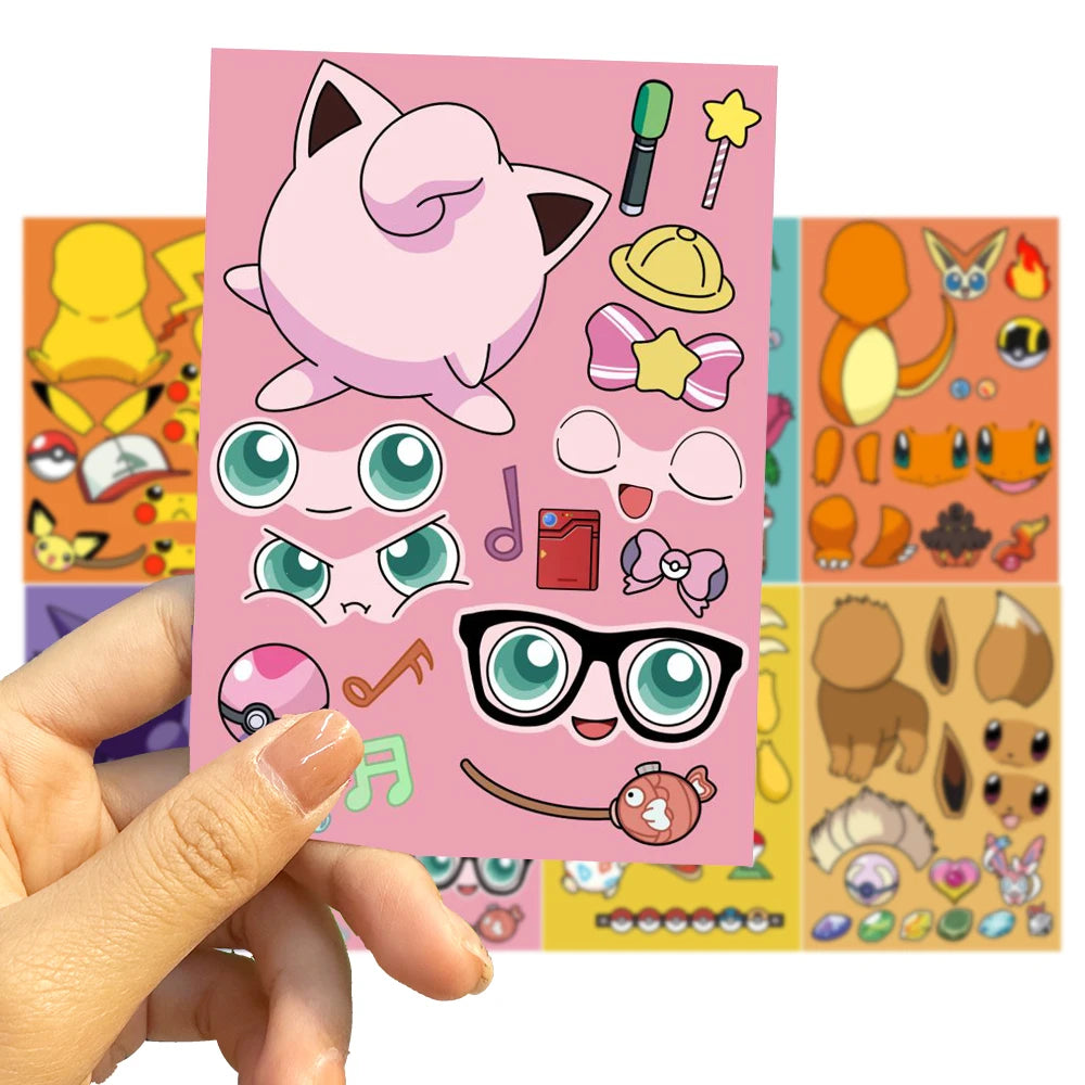 32Sheets Children DIY Puzzle Sticker Pokemon Face Funny Anime Pikachu Assemble Stickers Kids Toys Boys Girls Gifts