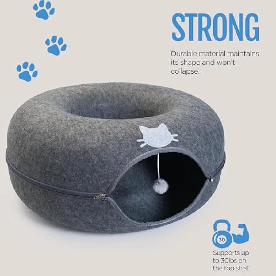 Cat Cave Donut Bed - Large Cat Tunnel Bed up to 30lbs - 3 Toy Balls and Hanging Ball Included - Detachable Cleanable Scratch Re