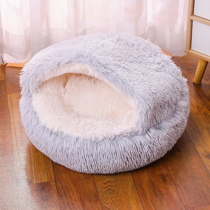 1PC Cat Beds Round Soft Plush Burrowing Cave Hooded Cat Bed Donut for Dogs Cats Comfortable Self Warming Dog Bed Pet Accessories