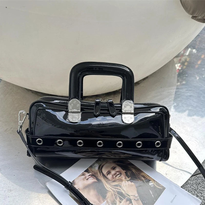 Black Patent Leather Handbag, Fashion Belt Buckle Crossbody Bag Silver Hardware Accessories Square Motorcycle Bag For Cool Girl