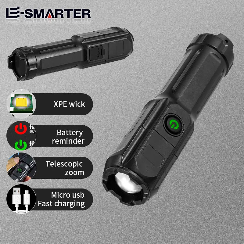 4 Lighting Mode Strong LED Flashlights Telescopic Zoom Tactical Torch USB 18650 Portable Spotlight Long-Range Camping Flashlight