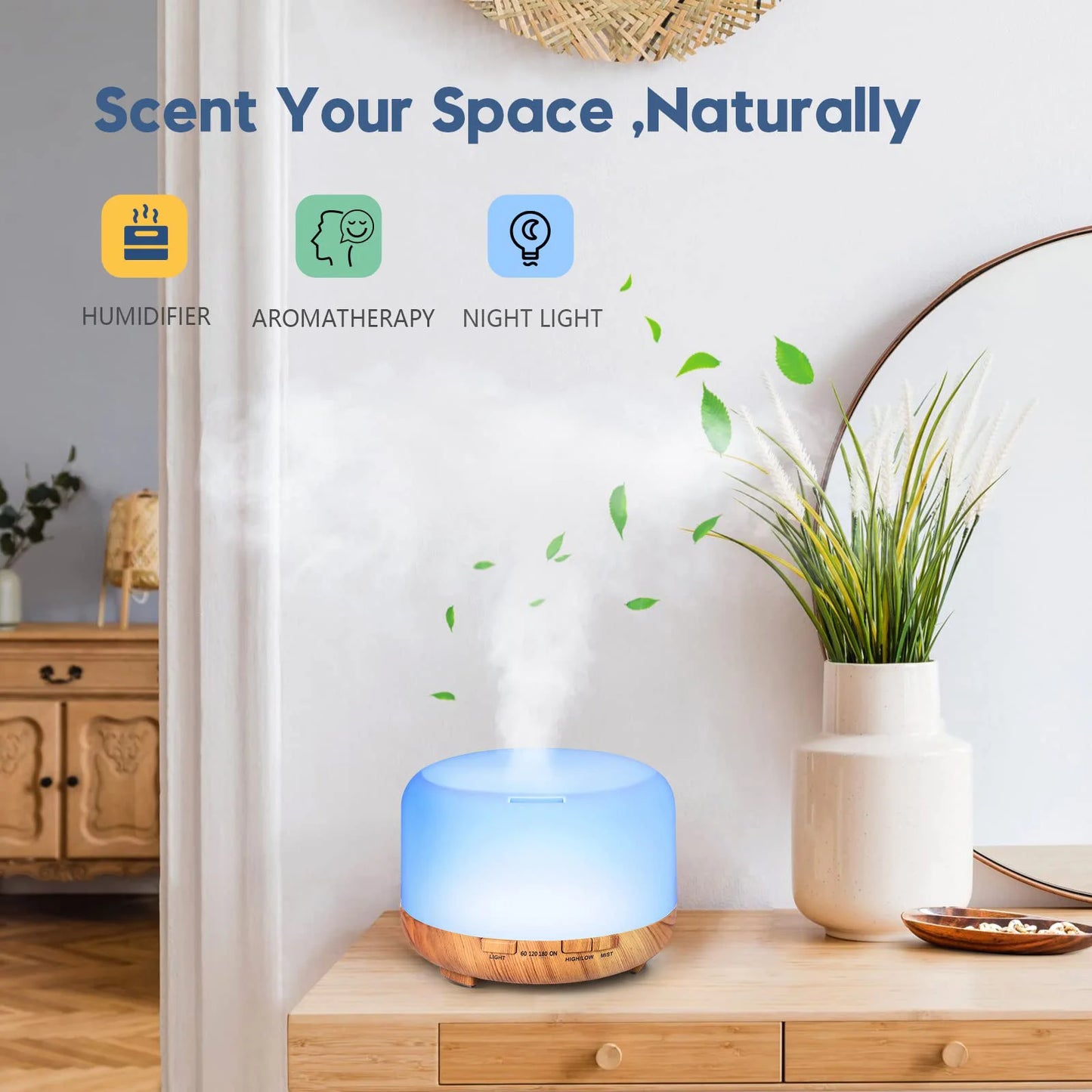 500ML Aroma Diffuser (Oils Optional), 5V 2A Essential Oil Aromatherapy Diffuser Humidifier with Remote Control  for Home Office