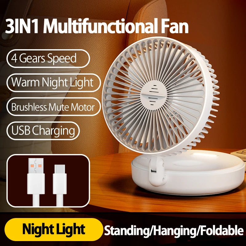 2024 New 5000mAh Rechargeable Table Fan Portable Air Conditioner Wall Mounted Fan 90° Folding Fan 4 Gears with Warm Night Light