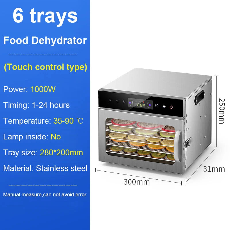 6/8 Layers Stainless Steel Food Dehydrator Digital Temperature Control Fruits Vegetables Air Drying Machine Snacks Meat Dryer EU