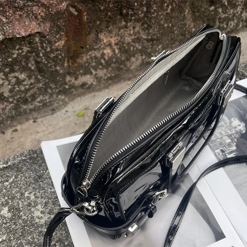 Black Patent Leather Handbag, Fashion Belt Buckle Crossbody Bag Silver Hardware Accessories Square Motorcycle Bag For Cool Girl