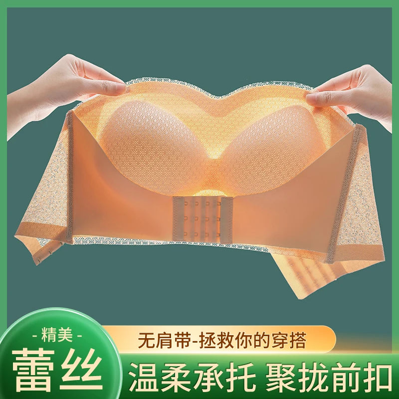 2PCS/Pack Women Invisible Tube Top Bra M-6XL Strapless Padded Wireless Push Up Front Closure Elastic Lady Bandeau Bra Underwear