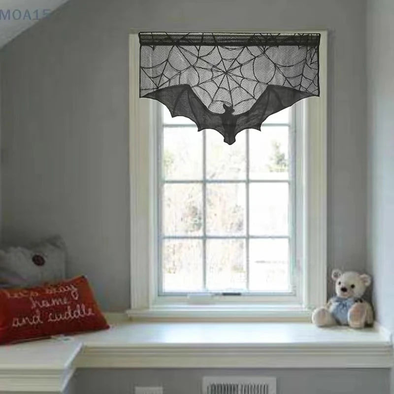 1pc Halloween Lace Curtain Black Bat Spider Tablecloth Fireplace Mantel Scarf Cover Halloween Home Room Cobweb Horror Decoration