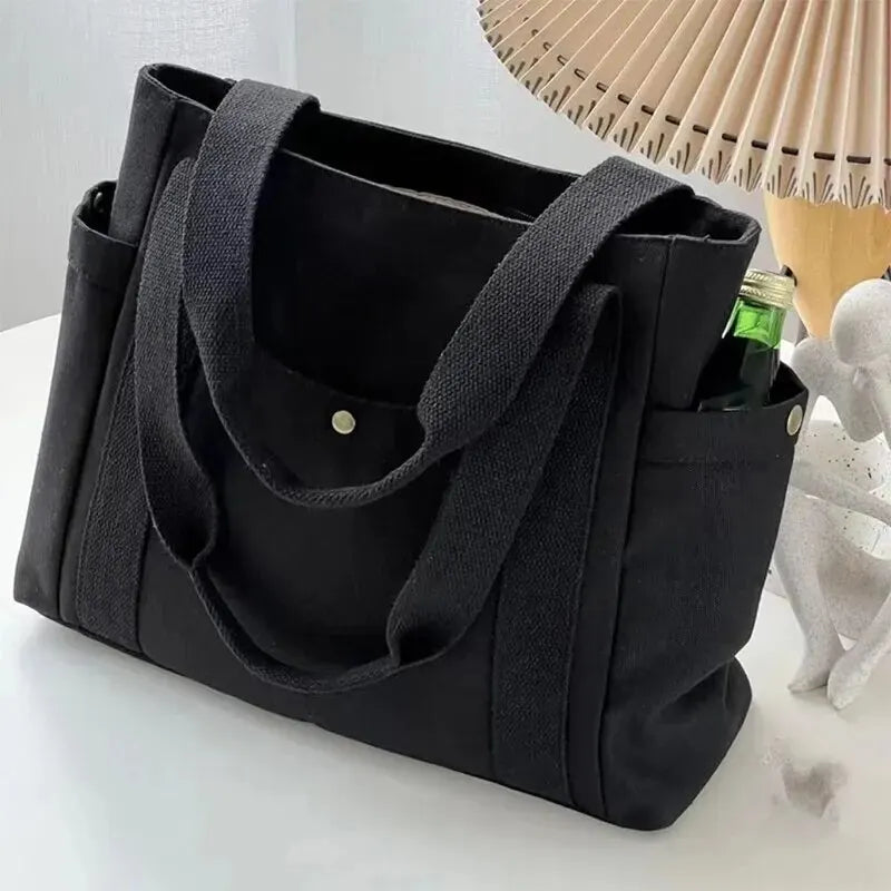 Canvas Women's Bag Large Capacity Multiple Outer Pocket Zipper Shoulder Bag Student Handbag Shopping