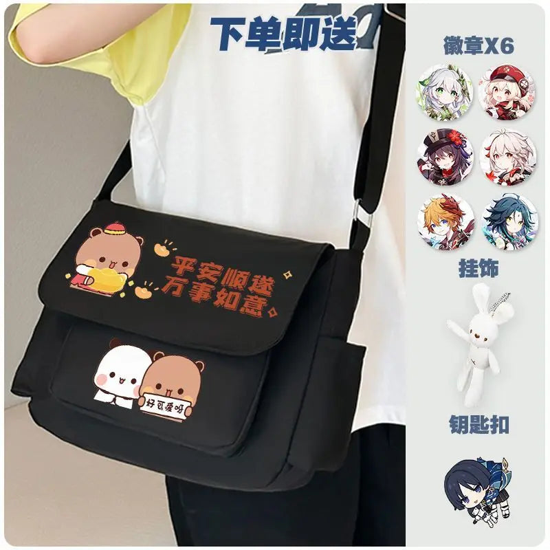 Cartoon bubu and Yier high-capacity Shoulder Bags Student Sports Crossbody Backpack Black White Messenger Bag Girl birthday gift