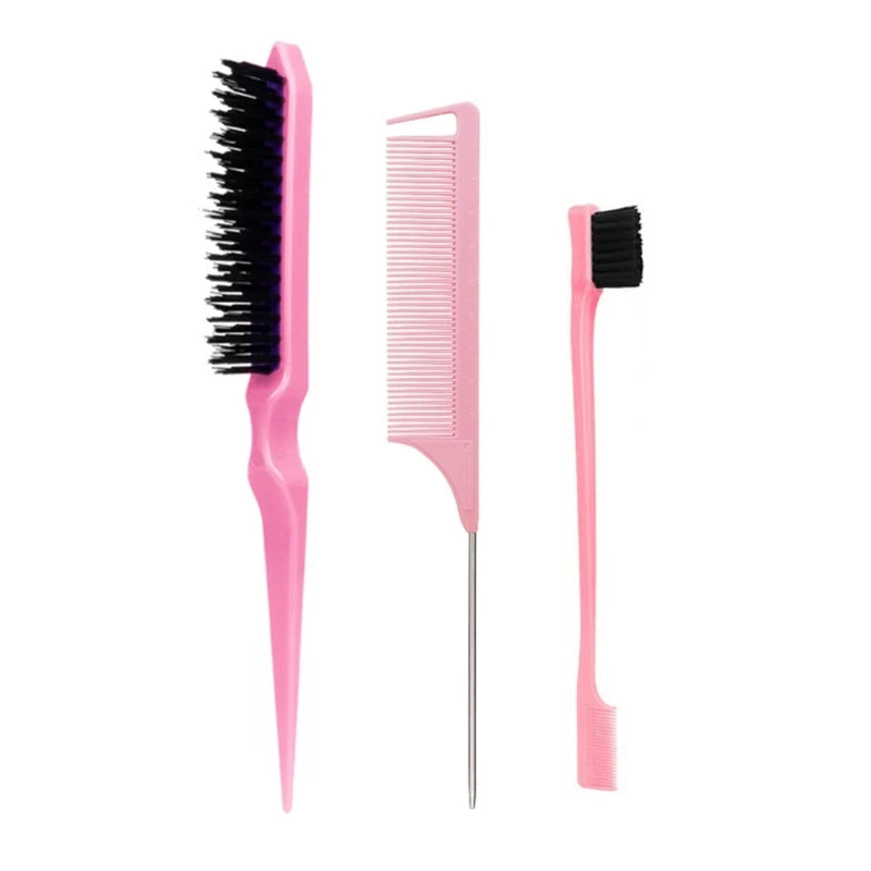 3Pcs Slick Back Hair Brush Set Bristle Hair Brush Brush Teasing Comb for Women Baby Kids Black Hair