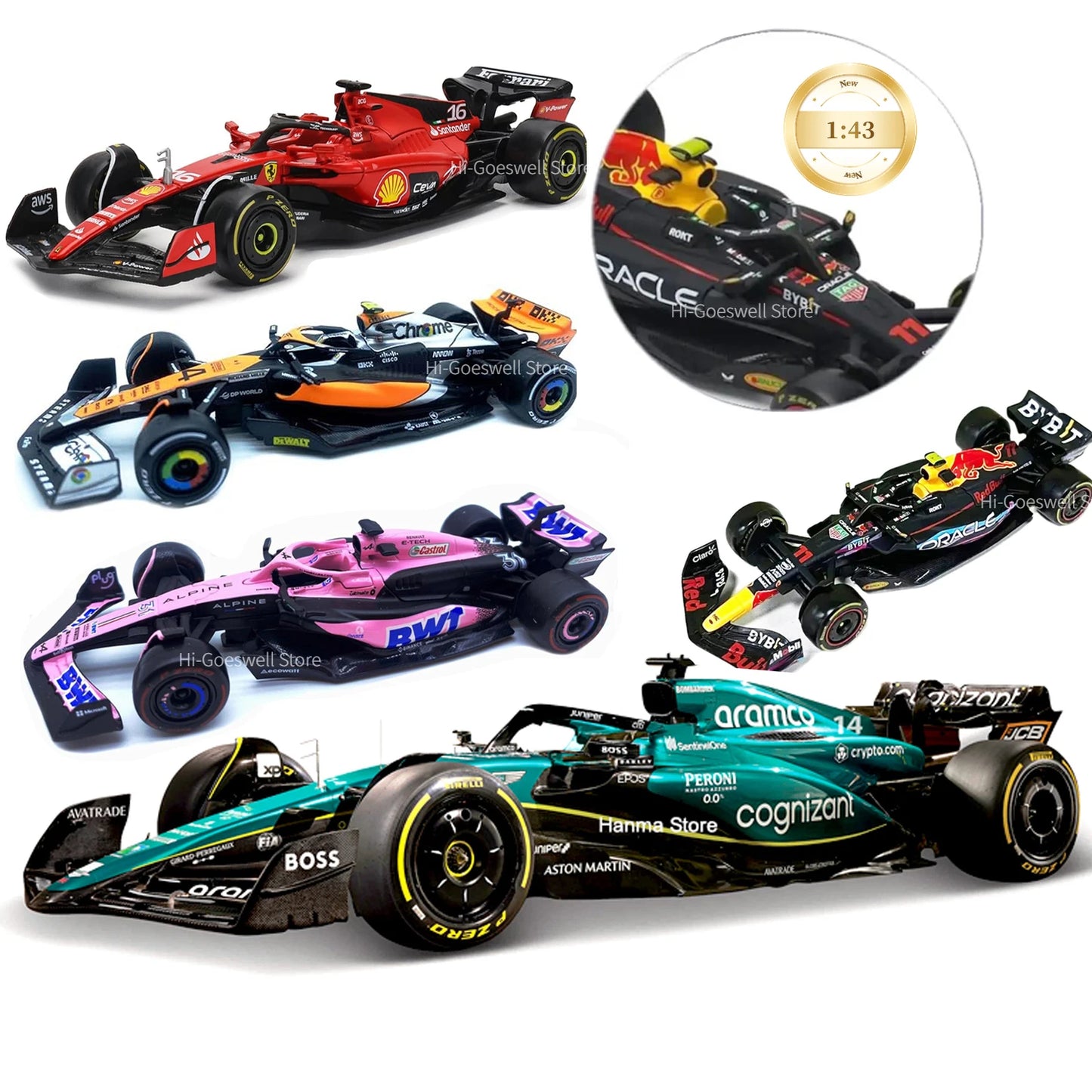 Bburago 1:43 Aston Martin AMR23 Mercedes W14 Red Bull RB19 Miami GP Ferrari SF23 Alpine A523 F1 Model Formula Car Static Racing