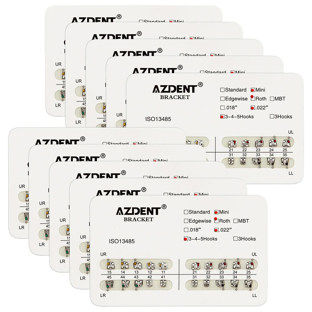 AZDENT 10Packs Dental Brackets Orthodontic Brace Metal Mini Standard Roth MBT Slot 0.022 0.018 Hooks 3-4-5 20pcs per Pack