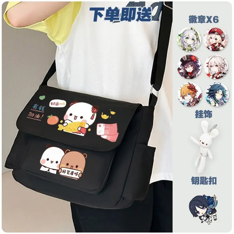 Cartoon bubu and Yier high-capacity Shoulder Bags Student Sports Crossbody Backpack Black White Messenger Bag Girl birthday gift