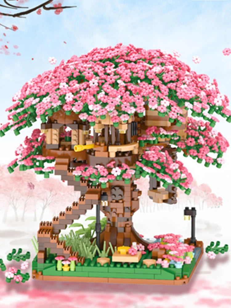 2138pcs DIY Discoloration Cherry Blossom Flower Pink Tree House Train Assembly Building Blocks Classic Model Bricks Sets Kid