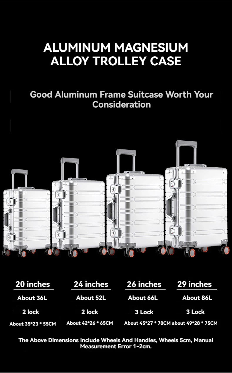 2024 New Large Capacity Durable Luggage Sets Aluminum Suitcase Women Girl Carry-On Boarding Travel 20/24/29