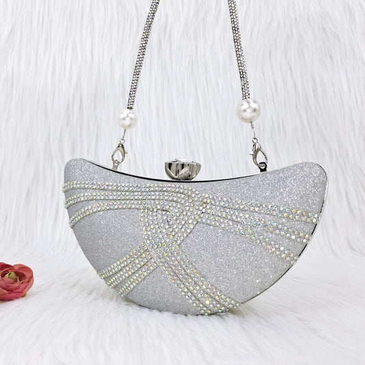 Carol Party Nigerian Silver Designer Fashion Women's Bags Crystal Encrusted Wedding Crossbody Party Handbags Moon Purse