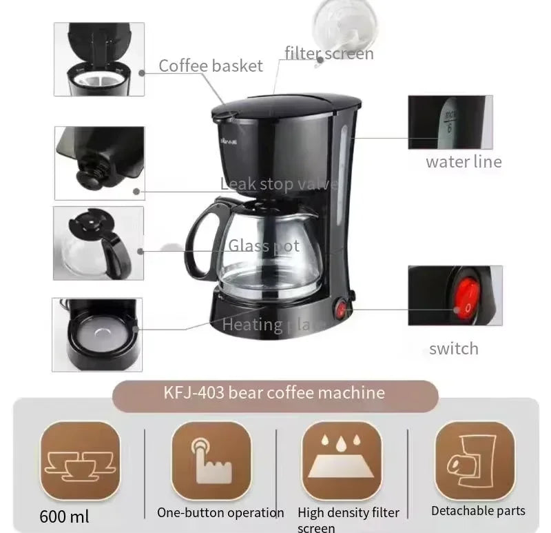 600ML American Coffee Maker Household Small Automatic Drip Mini Coffee Pot Flower Teapot Dual-Purpose Hot Drink 220V