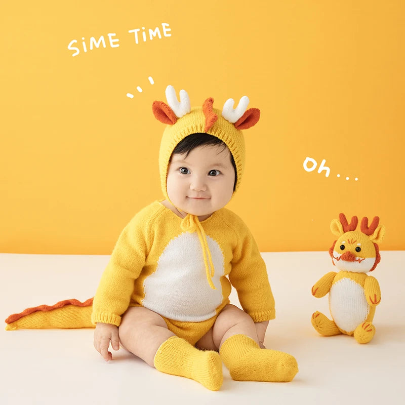 Baby Photography Clothes Lovely Knitted Dragon Outfit With Tail 3-5 Month Infant Photoshoot Props Sunflower Pillow Photo Prop