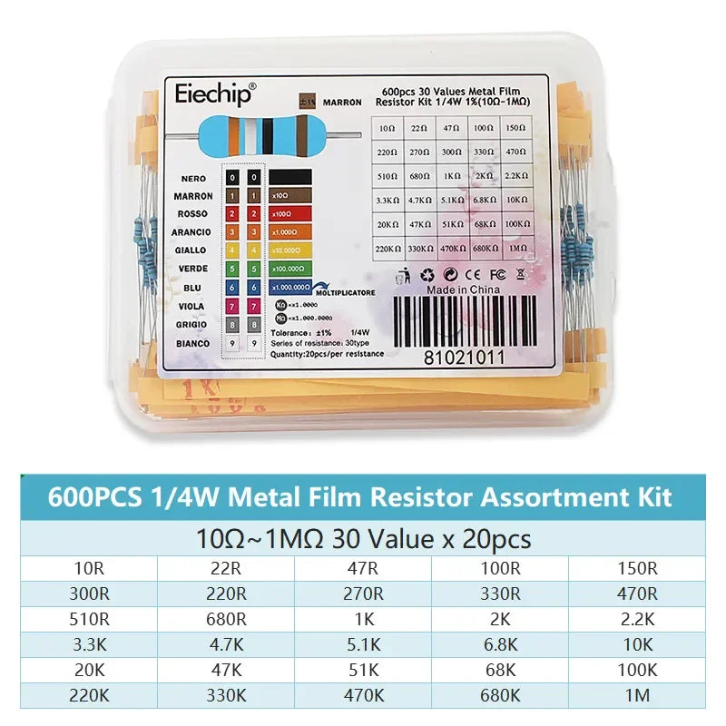 300/600PCS 30Values 1/4W Metal Film Resistor Kit with Box 10Ohm ~1M Resistance 1% Set of Resistors