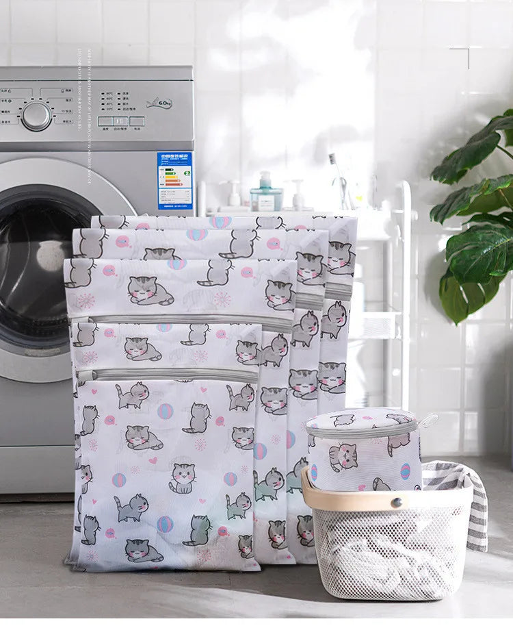 Cartoon Cat Printing Laundry Bag for Washing Machines Lingerie Wash Bags Foldable Dirty Clothes Bag Bra Underwear Laundry Basket