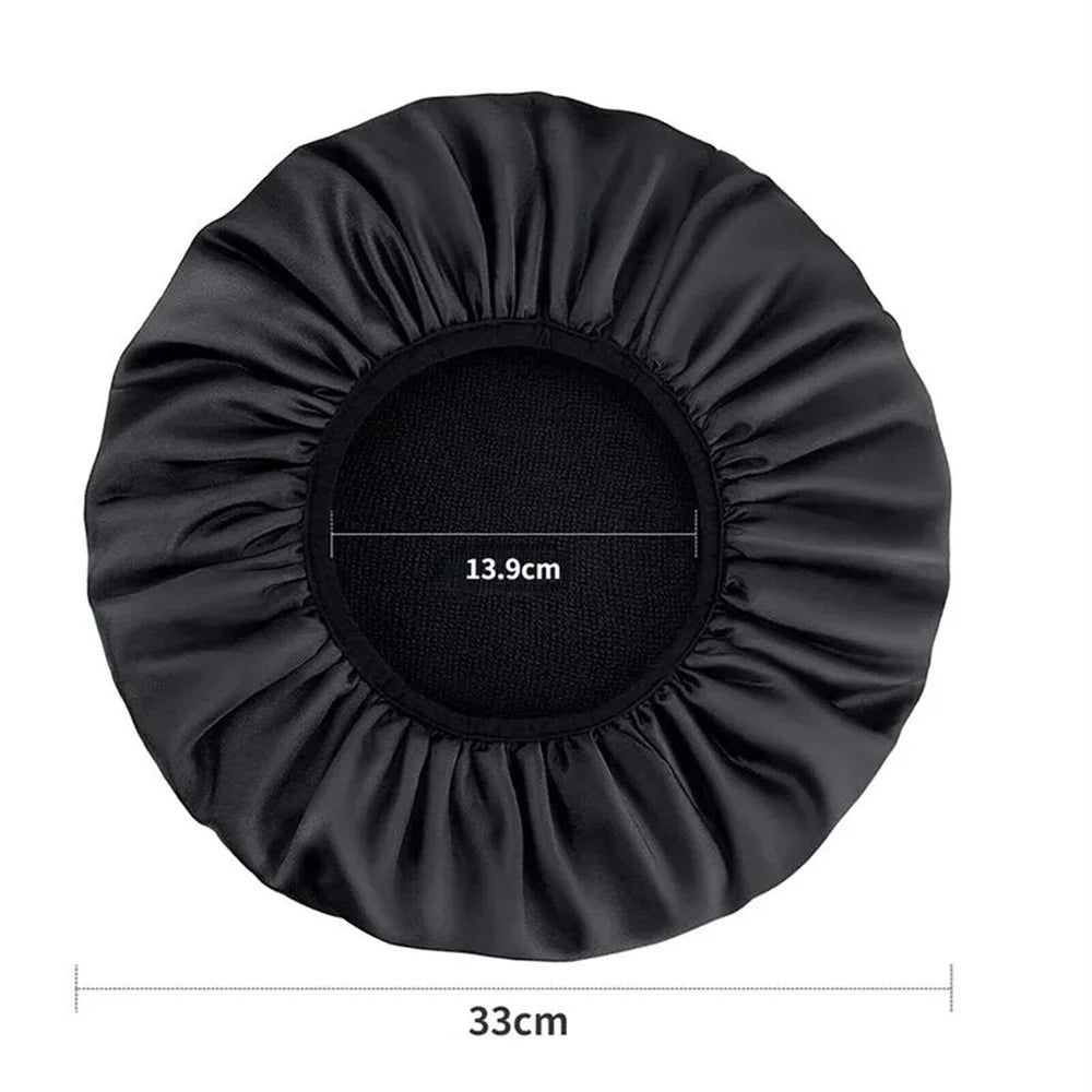 Adjustable Double Layer Satin Bonnet Nightcap Doubleside Women Round Shower Caps Night Sleep Polyester Hat Solid Black Lining