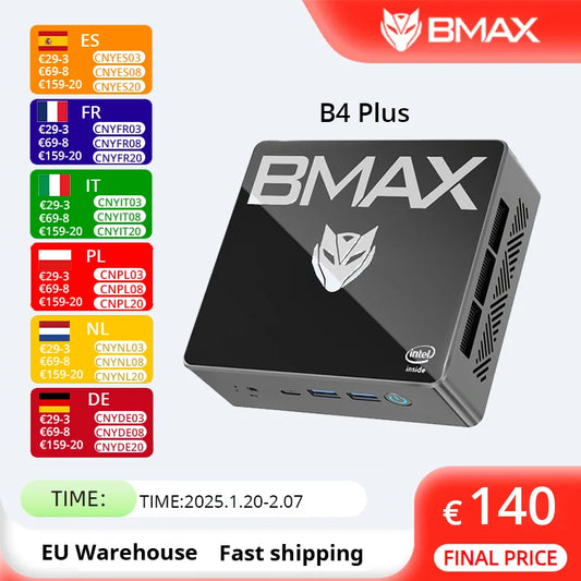 BMAX B4 Plus Mini PC Windows 11 PC Intel N100 16GB DDR4 512GB SSD 2*HDMI 1*Type-C Supports 4K@60Hz 750MHz Intel UHD Graphics