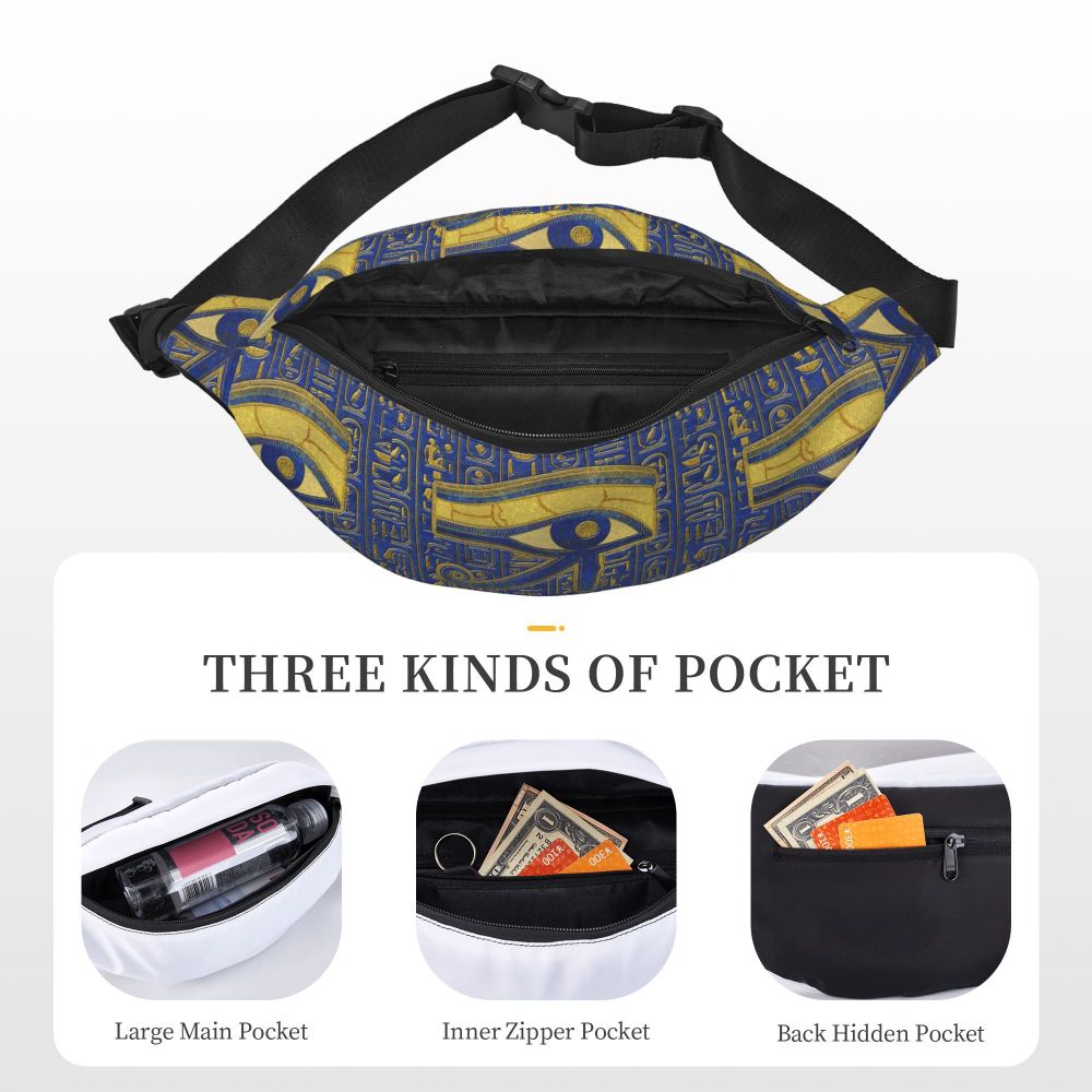 Ancient Gold Pharaoh Egypt King Tut Fanny Bag Custom Egyptian Hieroglyphic Sling Crossbody Waist Pack Hiking Phone Money Pouch